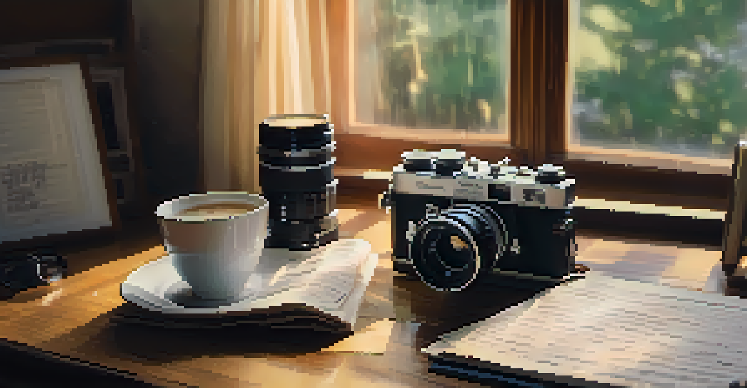 An open film script on a wooden table with coffee cups and a vintage camera, illuminated by soft light from a window.