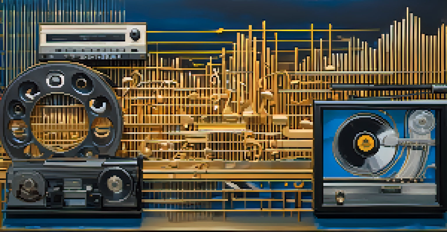 An abstract representation of sound waves and musical notes intertwined with film reels in vibrant colors.
