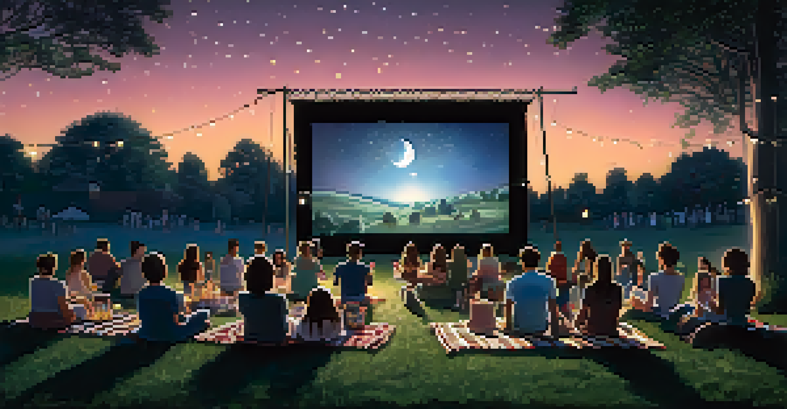 An outdoor movie night with a large screen and attendees sitting on blankets under a starry sky, illuminated by fairy lights.