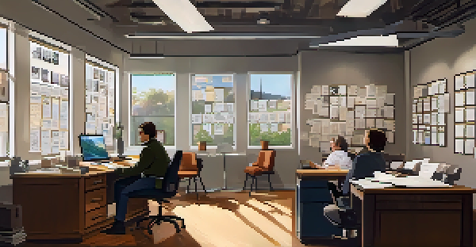 A screenwriter and a director brainstorming in a bright workspace filled with storyboards and scripts.