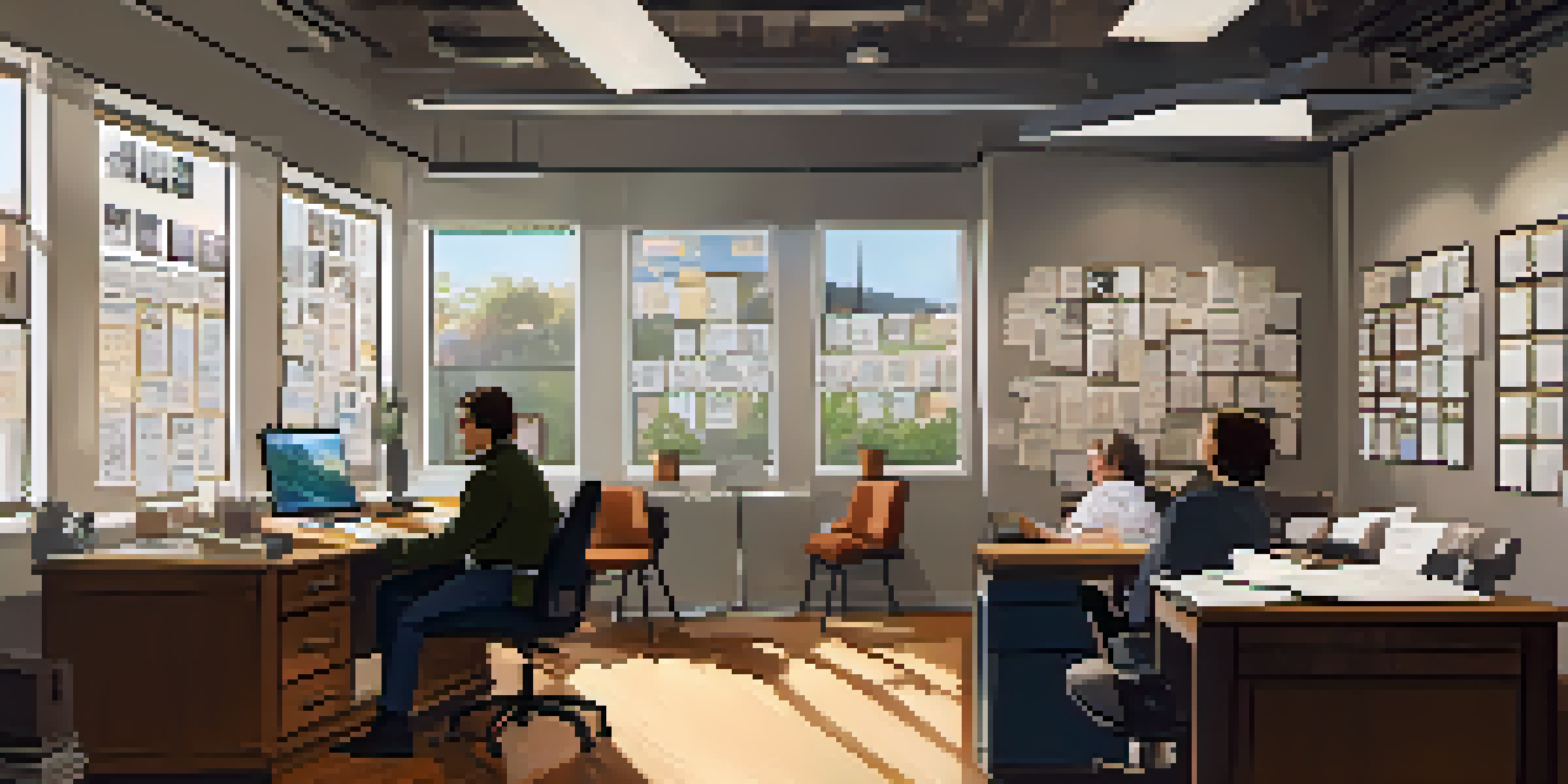 A screenwriter and a director brainstorming in a bright workspace filled with storyboards and scripts.