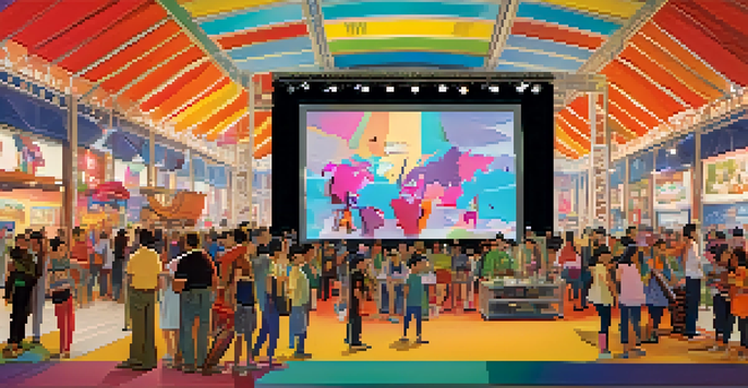 A lively animation festival with diverse animators interacting, colorful booths, and a large screen showing animated clips.