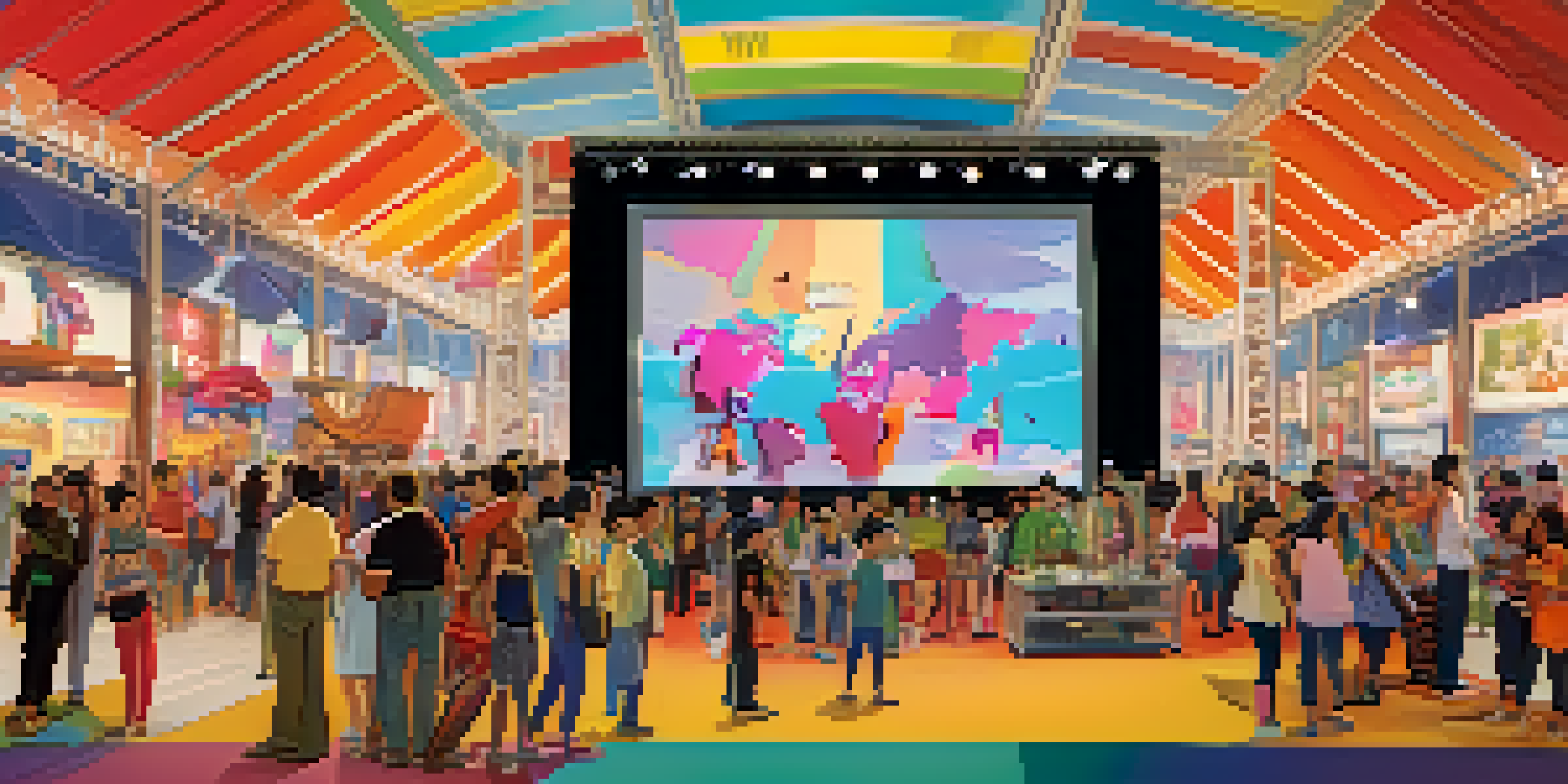 A lively animation festival with diverse animators interacting, colorful booths, and a large screen showing animated clips.
