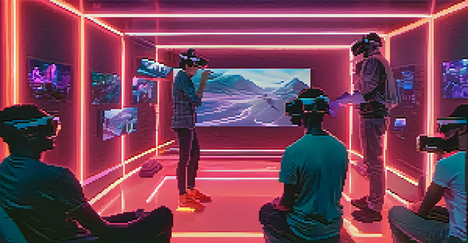 Filmmakers using virtual reality headsets to explore a 3D storyboard in a futuristic room.