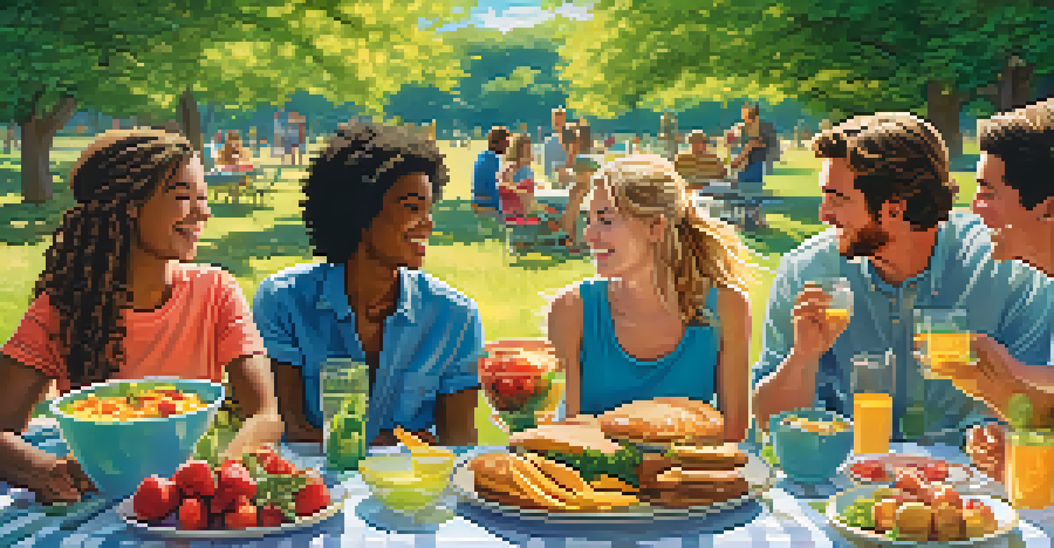 A group of friends enjoying a picnic in a sunny park, surrounded by food and laughter.