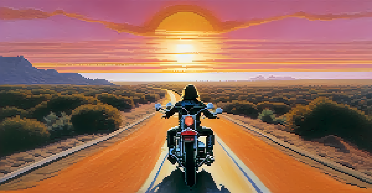A counterculture antihero on a motorcycle against a sunset backdrop, embodying freedom and rebellion.