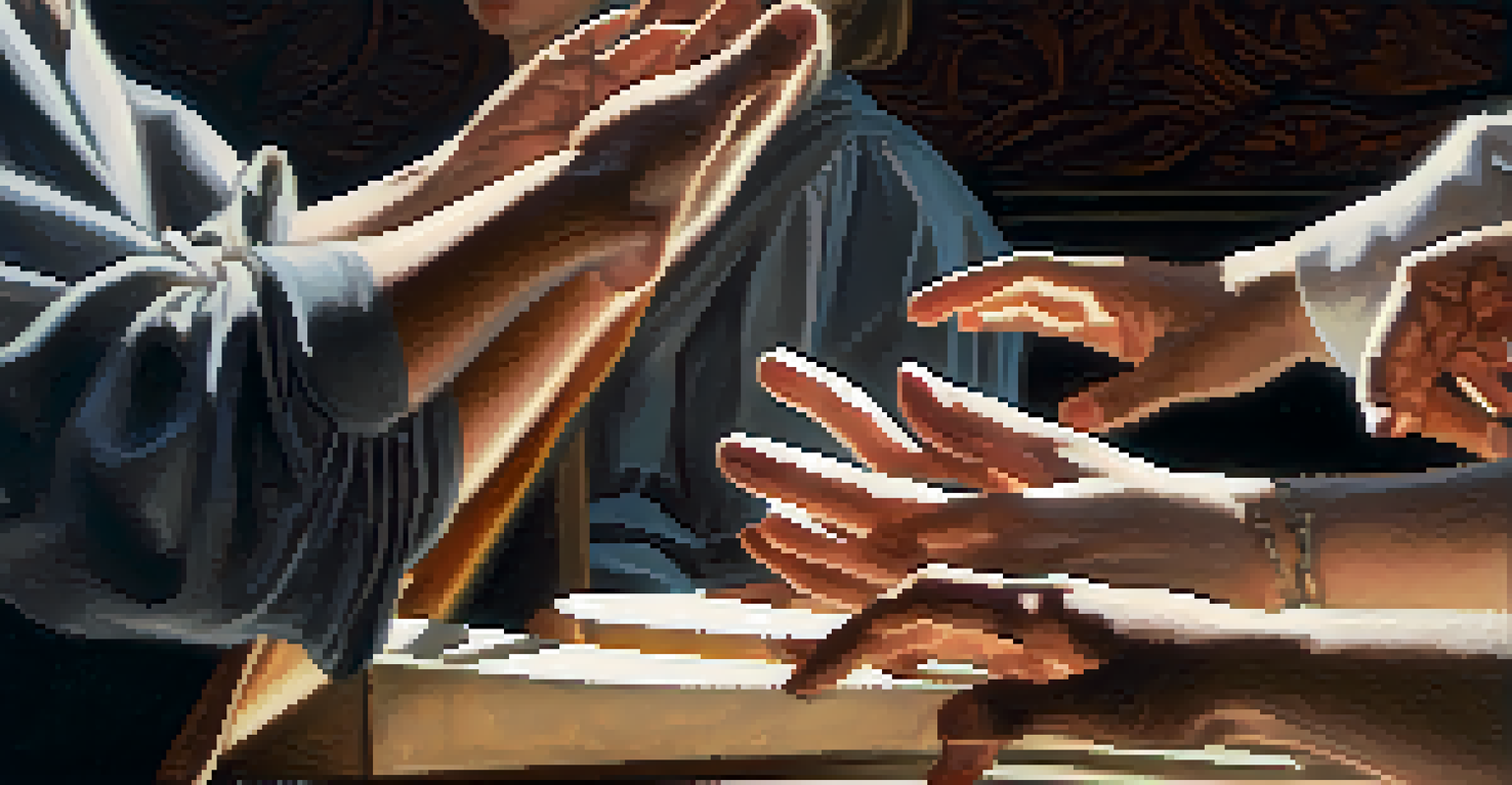 A close-up of a performer's hands in motion, expressing a story through gestures in a rehearsal space with natural light.