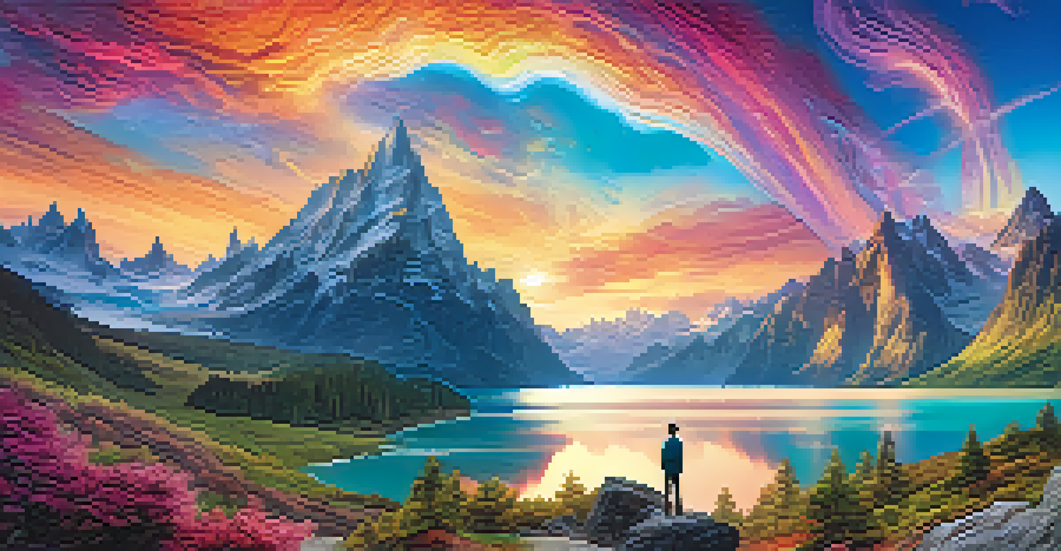 A fantastical landscape with mountains and a lake, combining practical effects and CGI, viewed by a small figure in awe.