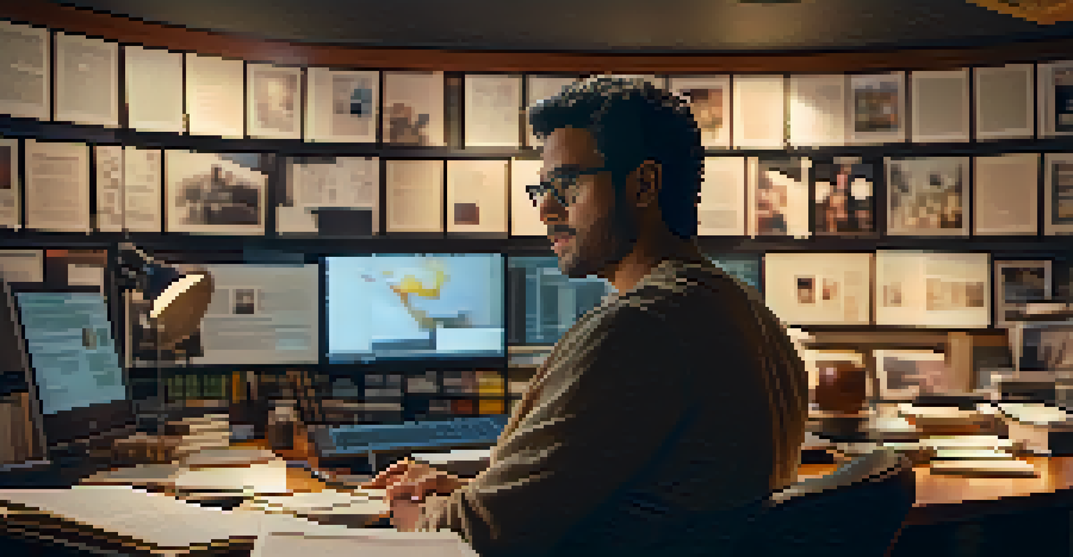 A modern filmmaker in a cozy editing room with screens displaying biopic scenes, surrounded by books and research materials.