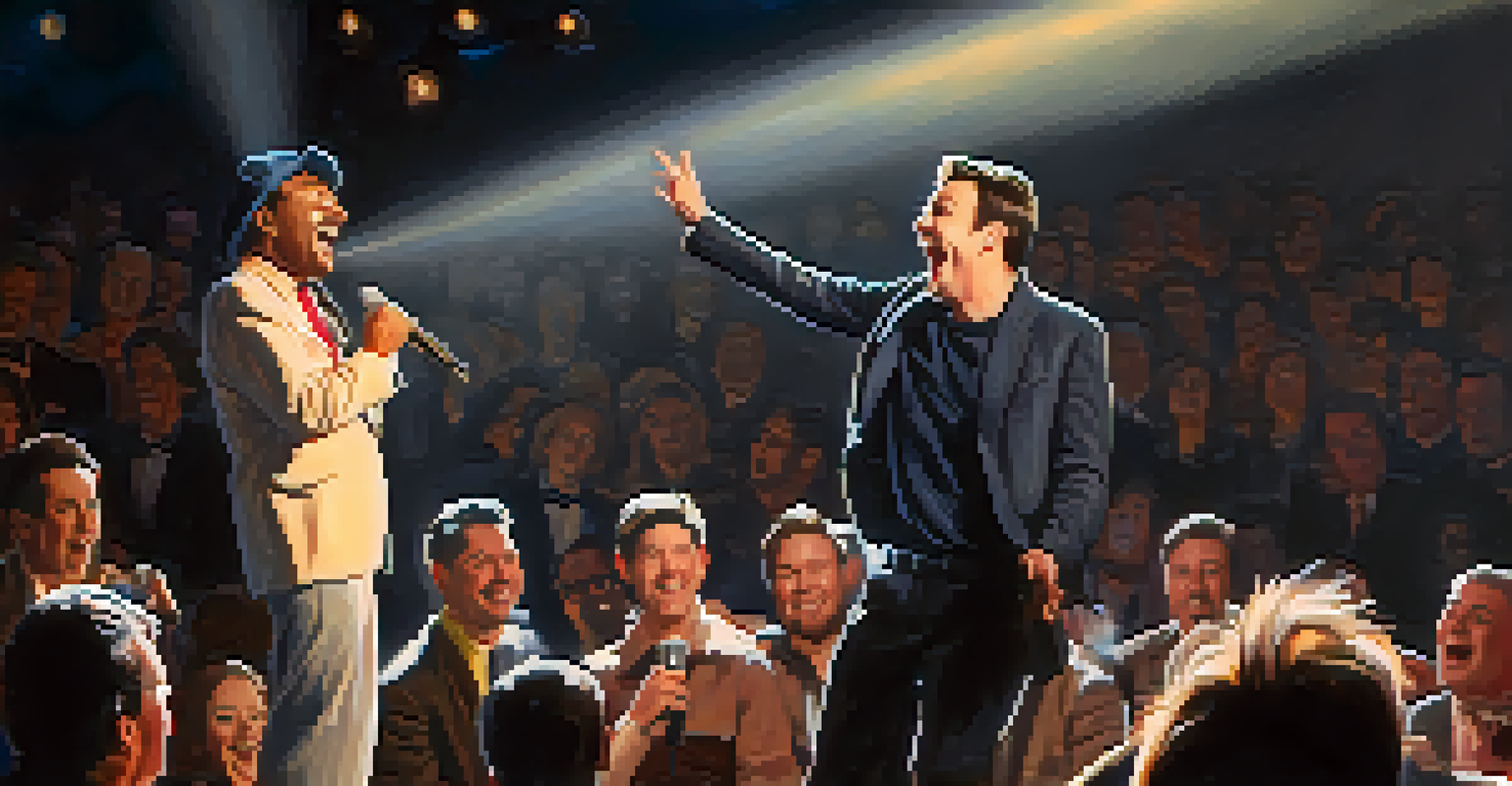 A close-up of a comedian on stage under a spotlight, delivering a joke with a laughing audience behind, showcasing the energy of stand-up comedy.