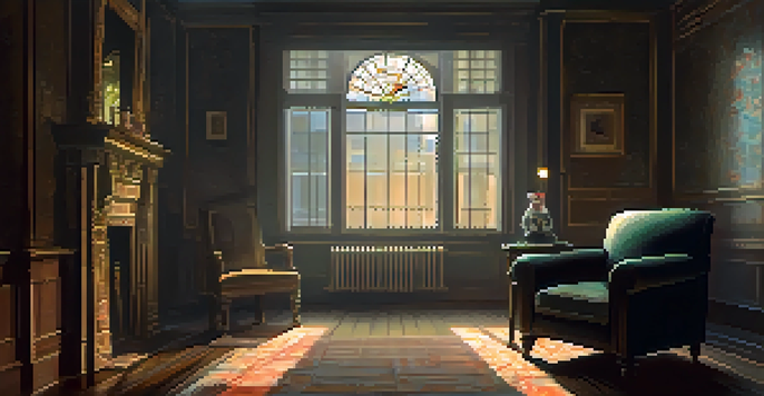 A solitary figure sitting in a vintage armchair, looking out of a rain-streaked window, with warm light illuminating their face, conveying a sense of melancholy.