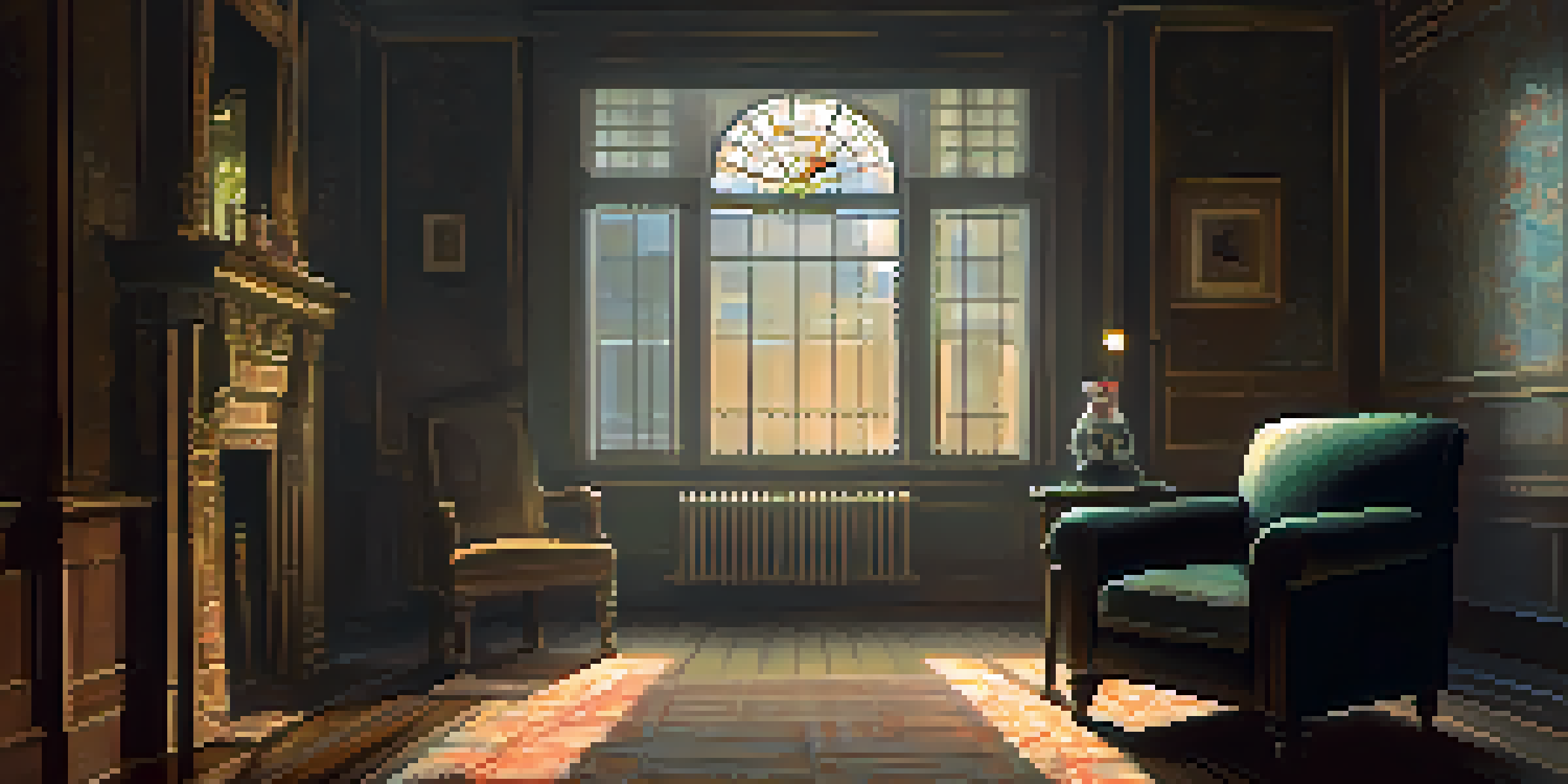 A solitary figure sitting in a vintage armchair, looking out of a rain-streaked window, with warm light illuminating their face, conveying a sense of melancholy.