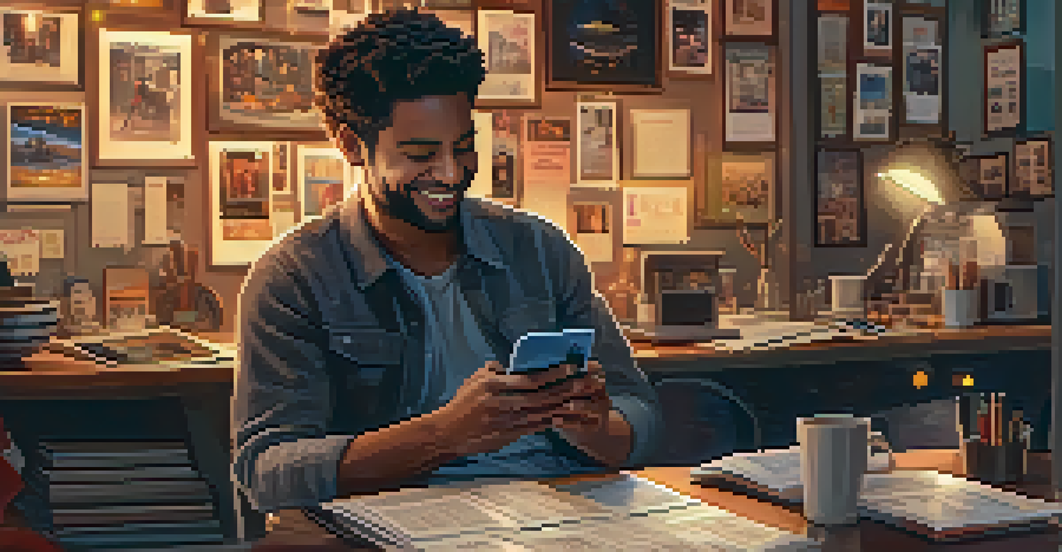 A filmmaker engaging with fans on social media in a creative workspace filled with film equipment and warm lighting.