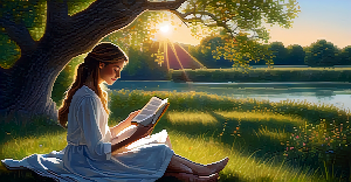 A young woman reading a book under a large oak tree during golden hour, with sunlight filtering through the leaves and a river in the background.