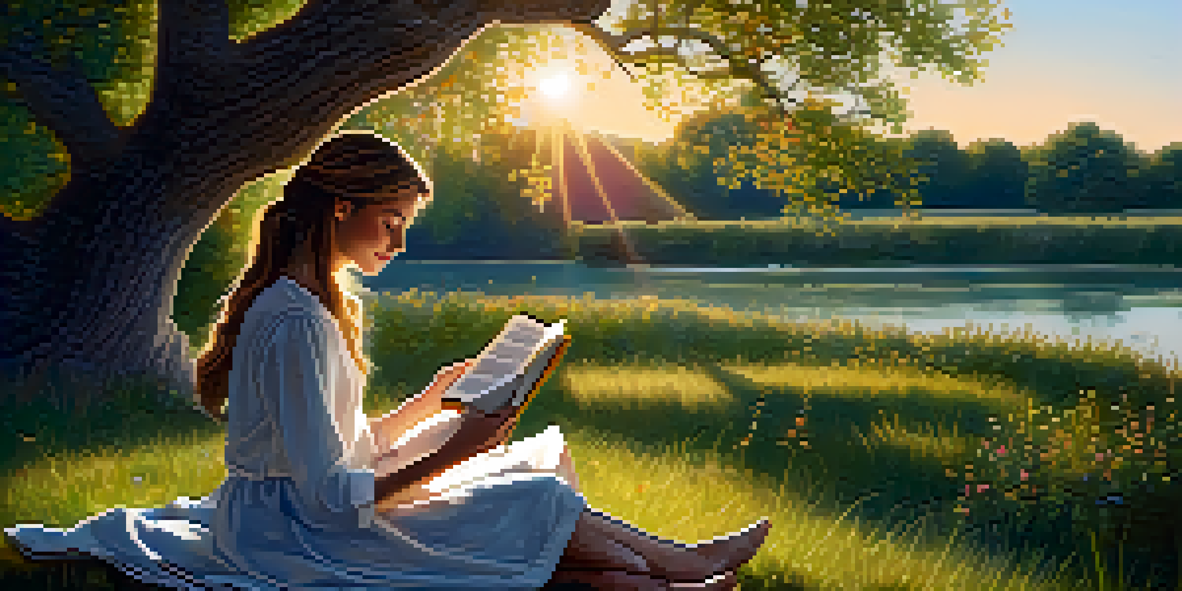 A young woman reading a book under a large oak tree during golden hour, with sunlight filtering through the leaves and a river in the background.