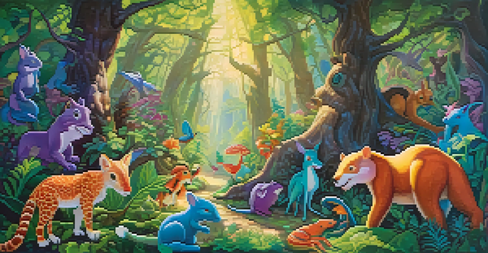 A colorful and whimsical forest filled with fantastical creatures expressing joy and curiosity under sunlight filtering through trees.
