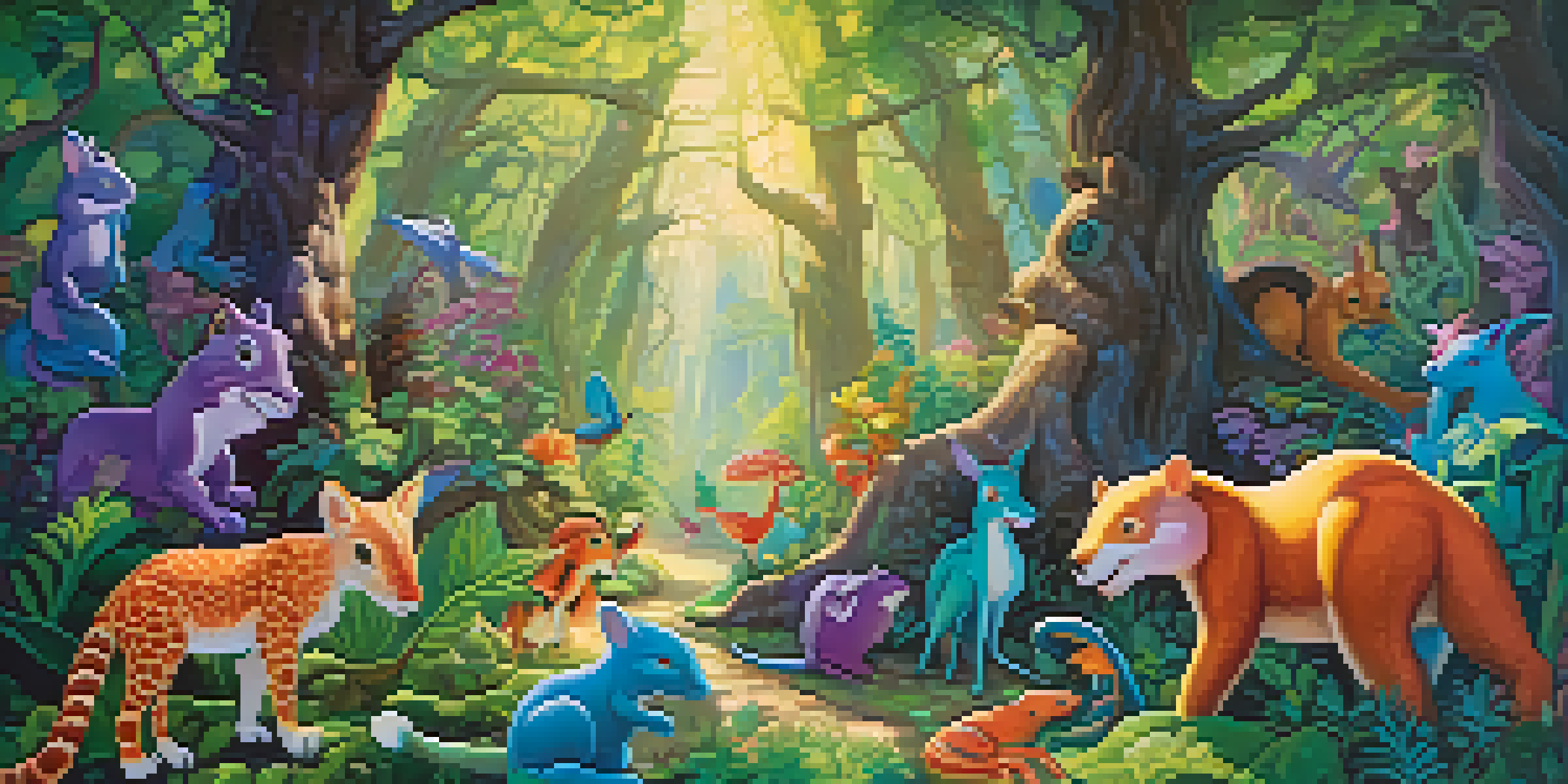 A colorful and whimsical forest filled with fantastical creatures expressing joy and curiosity under sunlight filtering through trees.