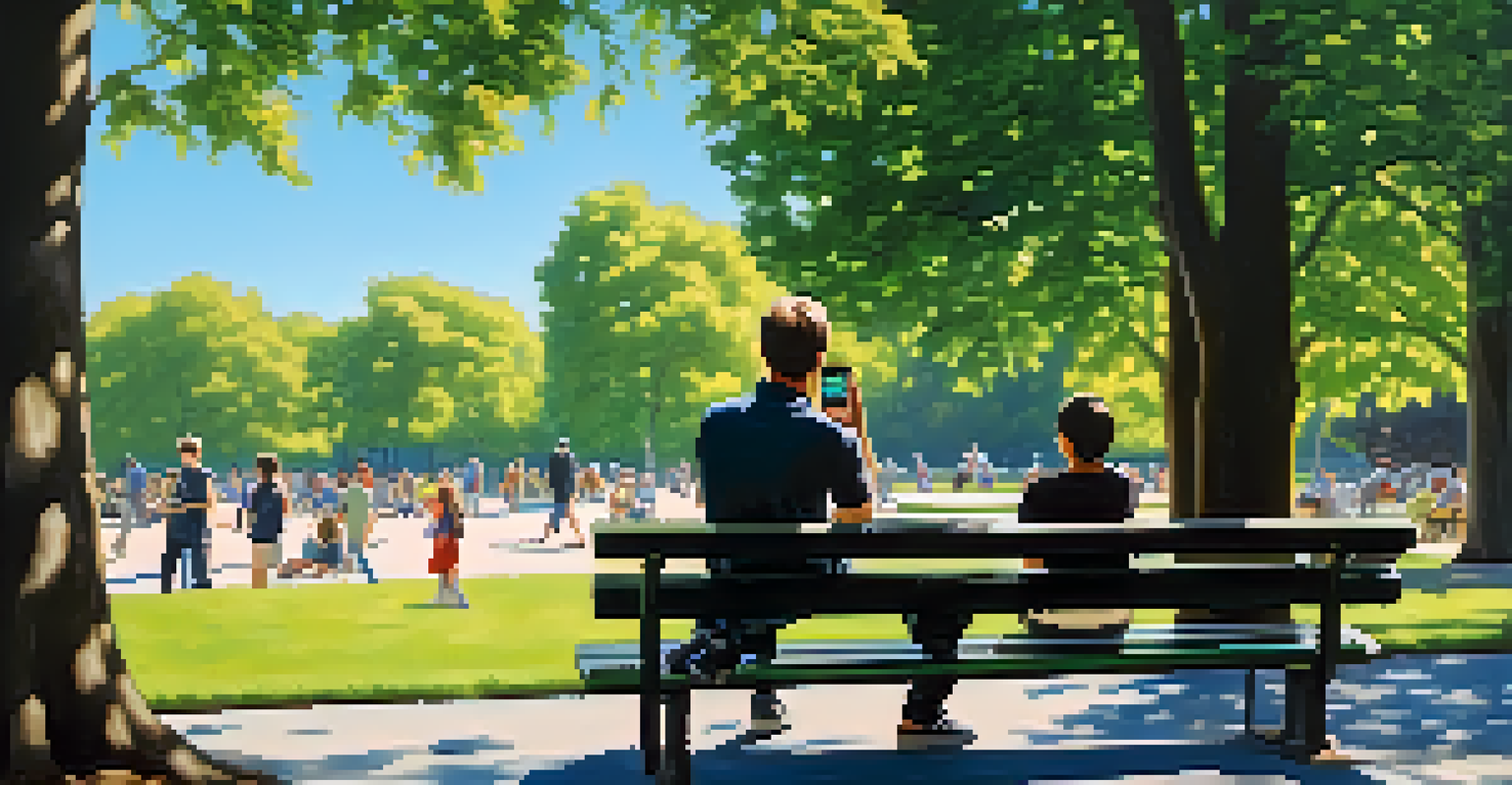A person on a park bench, focused on their smartphone, surrounded by trees and a clear sky, illustrating mobile streaming in an outdoor setting.