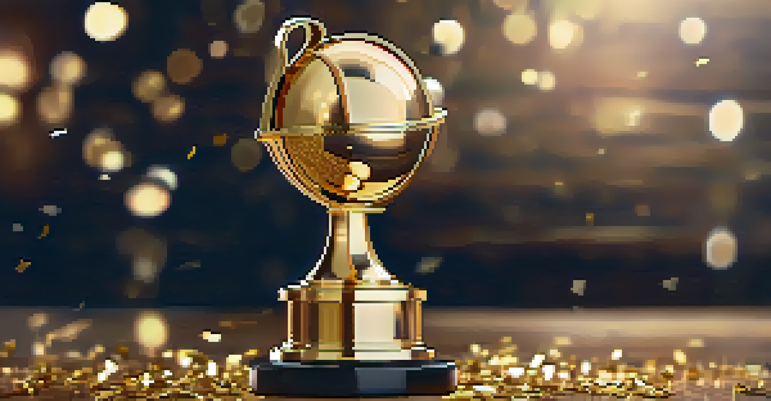 A golden film award trophy on a wooden table, surrounded by confetti, symbolizing achievement.