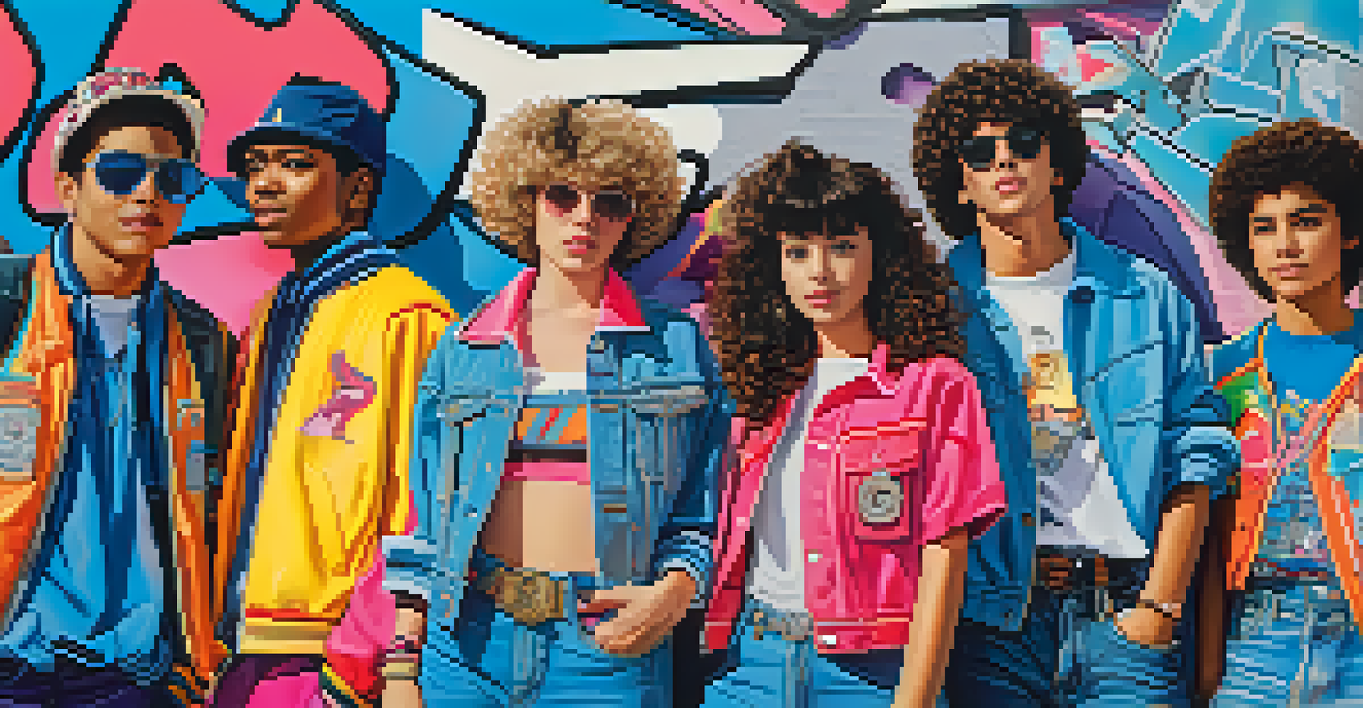 A group of friends in colorful 1980s-inspired outfits poses against a graffiti-covered wall in an urban setting.