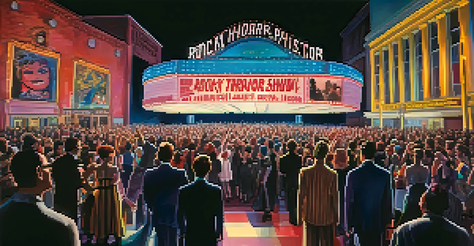 A lively audience dressed in colorful costumes at a midnight screening of 'The Rocky Horror Picture Show', illuminated by a cinema marquee.