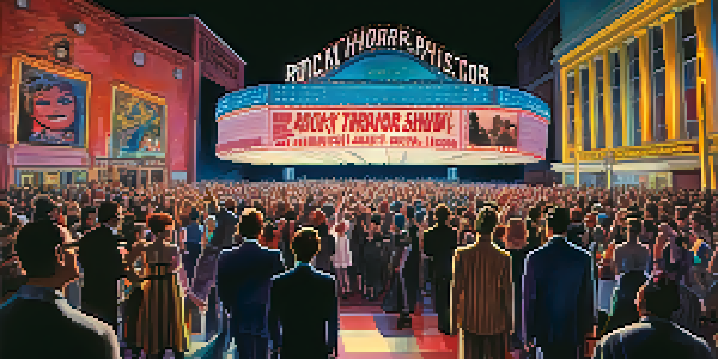 A lively audience dressed in colorful costumes at a midnight screening of 'The Rocky Horror Picture Show', illuminated by a cinema marquee.