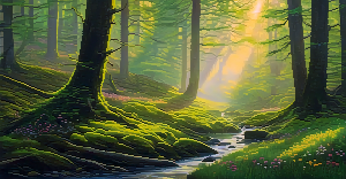 A tranquil forest at sunrise with golden light filtering through tall trees and a mossy ground with wildflowers.