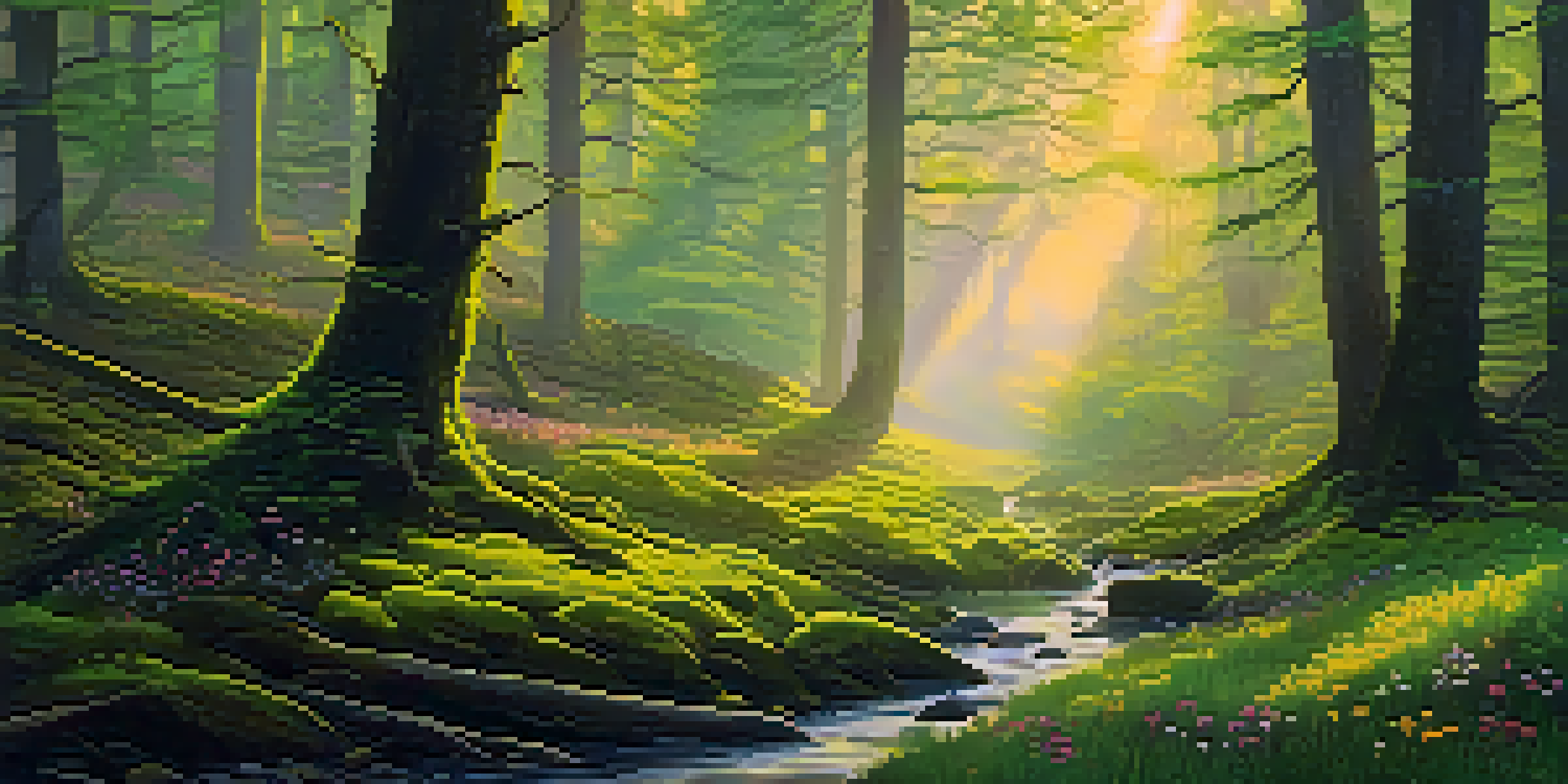 A tranquil forest at sunrise with golden light filtering through tall trees and a mossy ground with wildflowers.