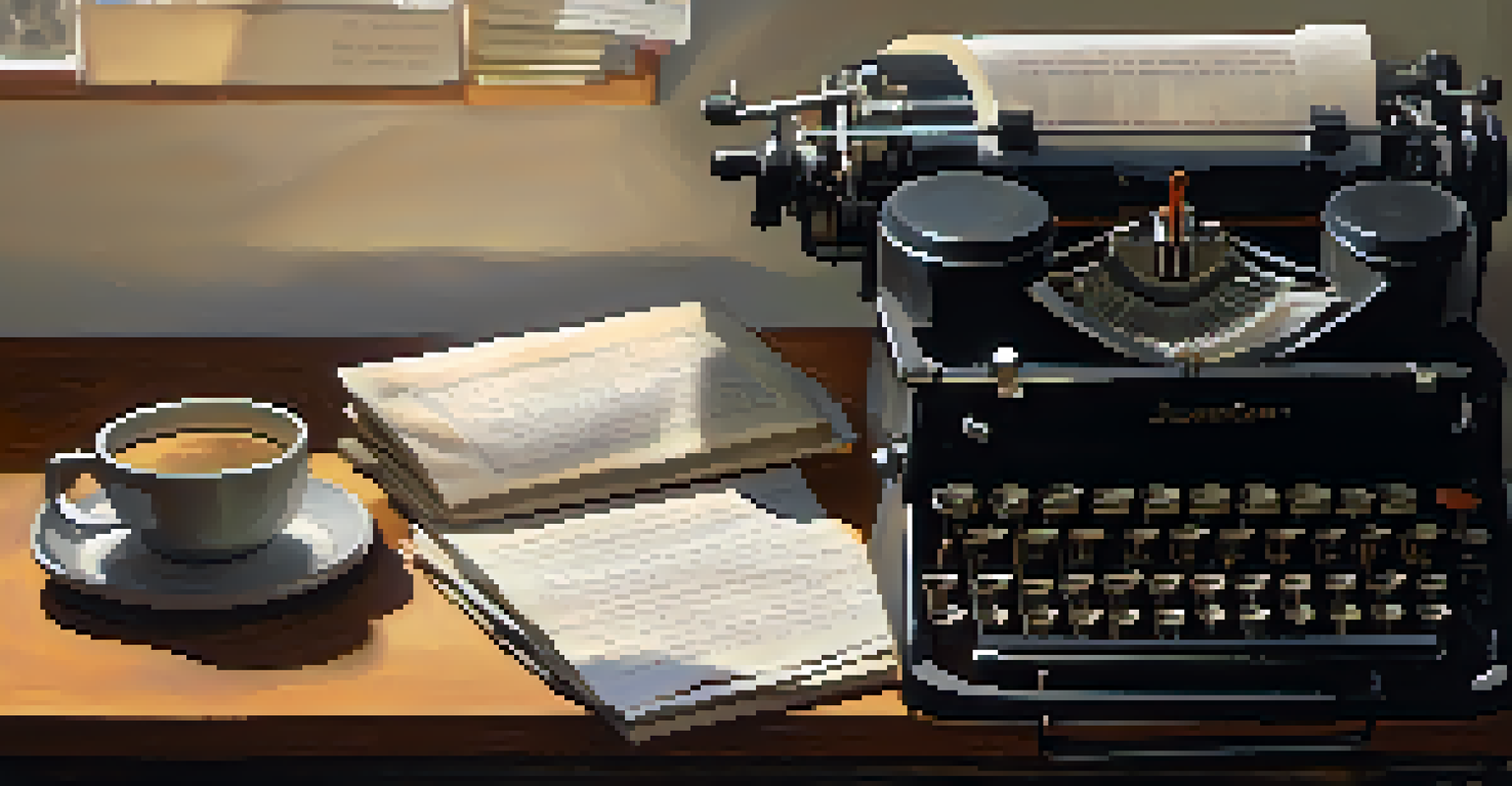 A vintage typewriter with a blank sheet of paper and scattered notes, illuminated by a warm desk lamp.