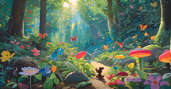 A colorful animated forest scene with oversized flowers and a small character looking at a butterfly.