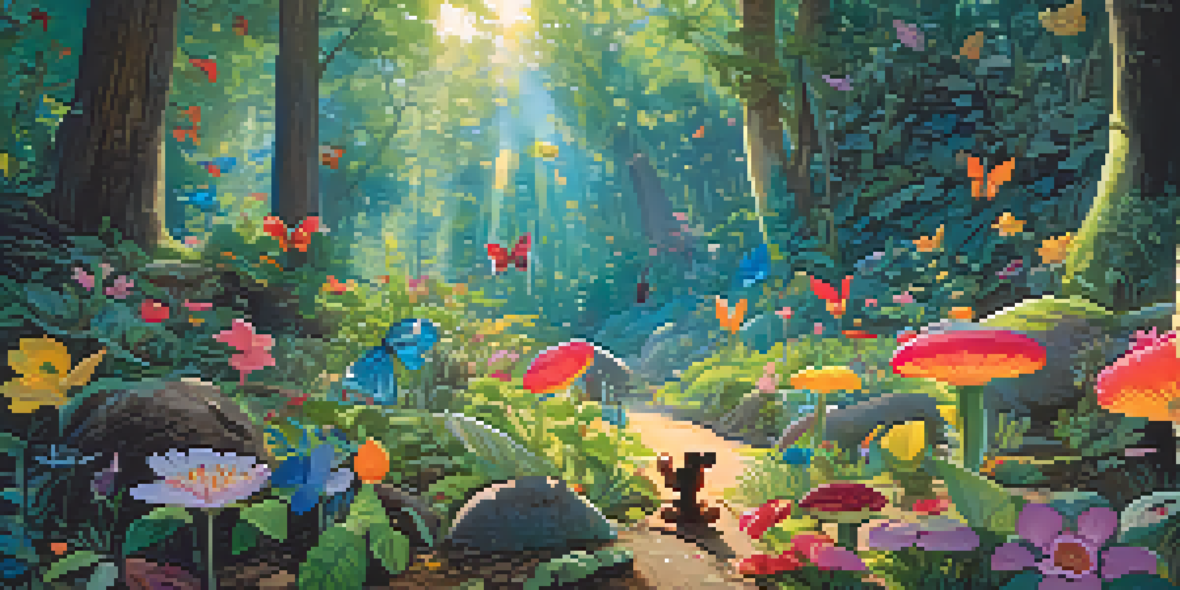 A colorful animated forest scene with oversized flowers and a small character looking at a butterfly.