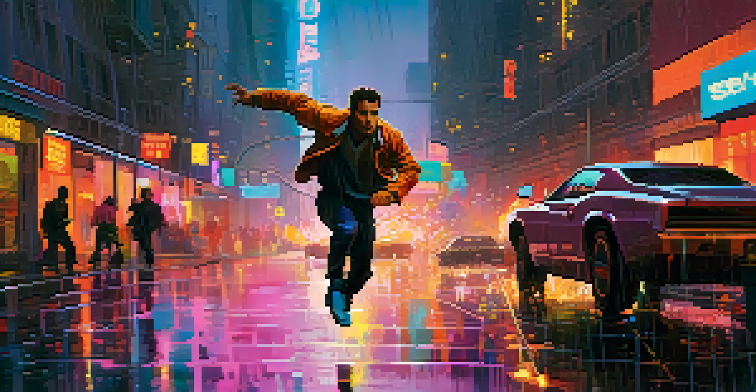 A hero runs through a city at twilight with neon lights and an explosion in the background.