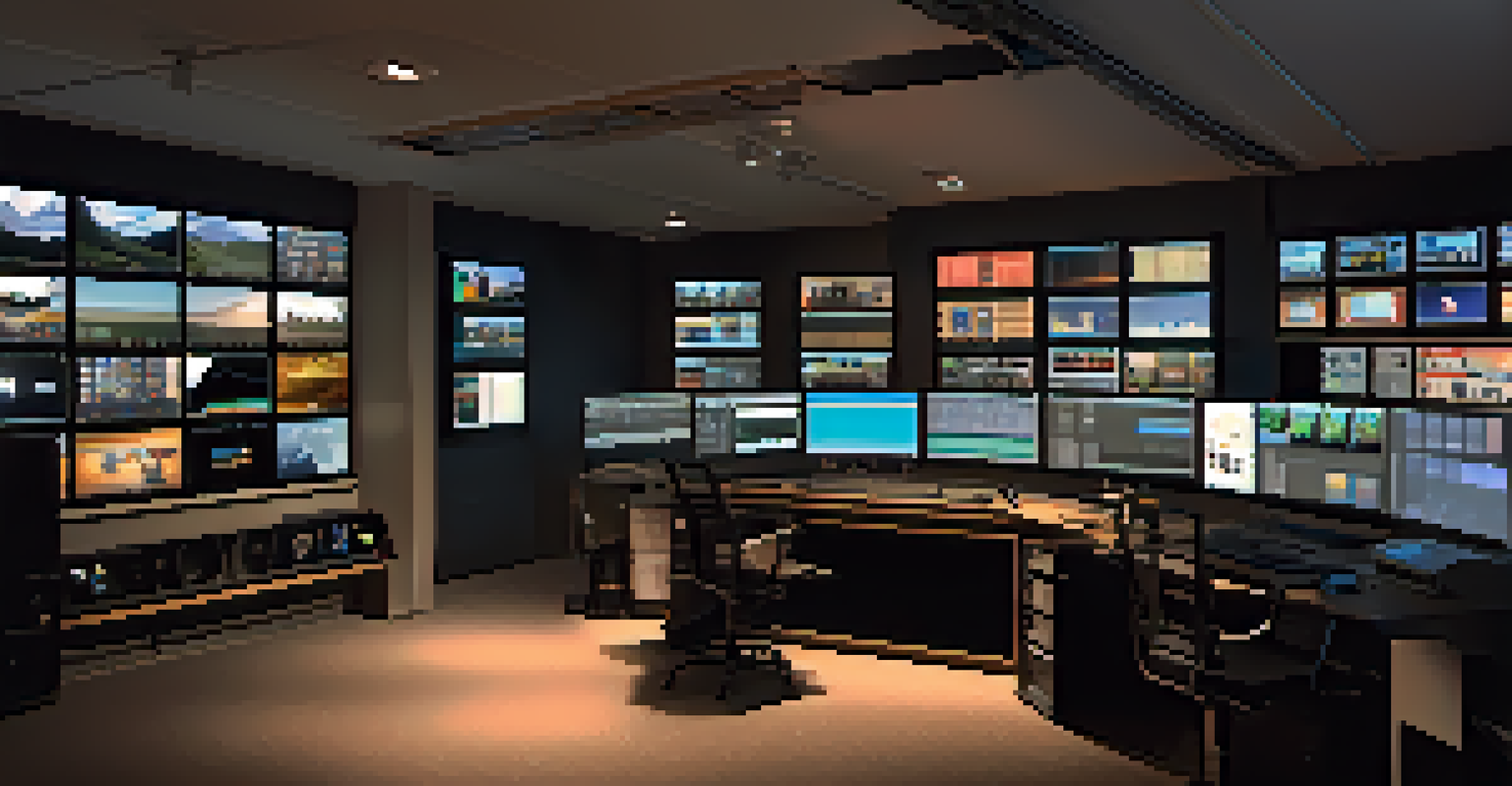 A modern documentary editing suite with advanced technology and multiple monitors displaying film clips.
