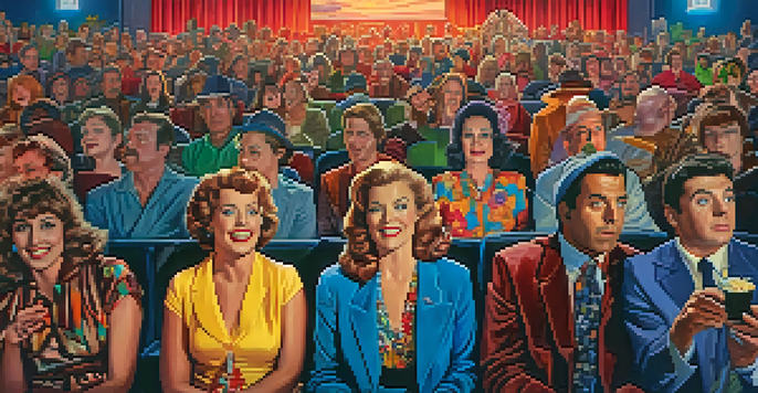 A lively midnight screening with an audience in colorful costumes, illuminated by the movie screen glow.