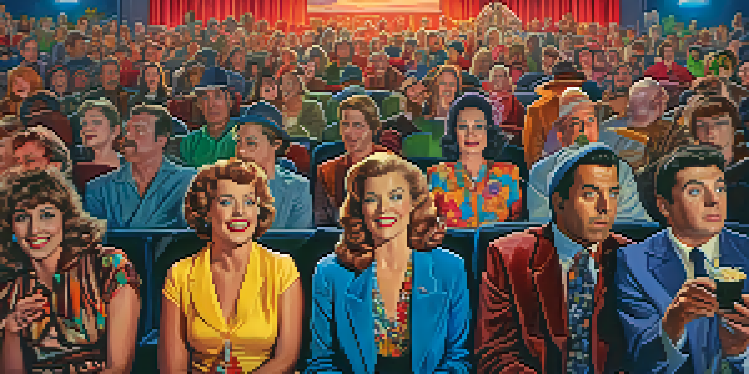A lively midnight screening with an audience in colorful costumes, illuminated by the movie screen glow.