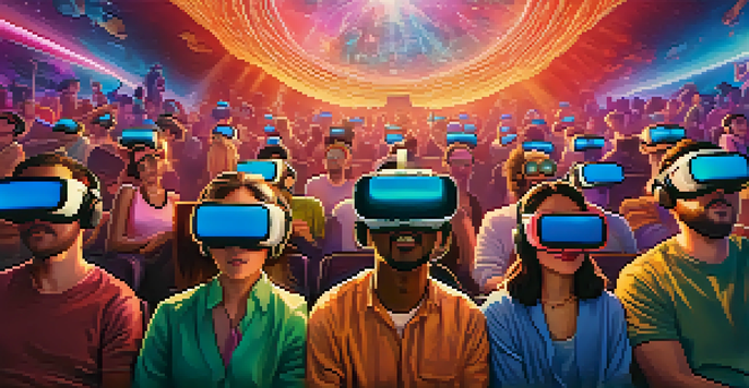 A group of diverse individuals wearing VR headsets, immersed in a colorful virtual world with surreal elements and glowing lights.