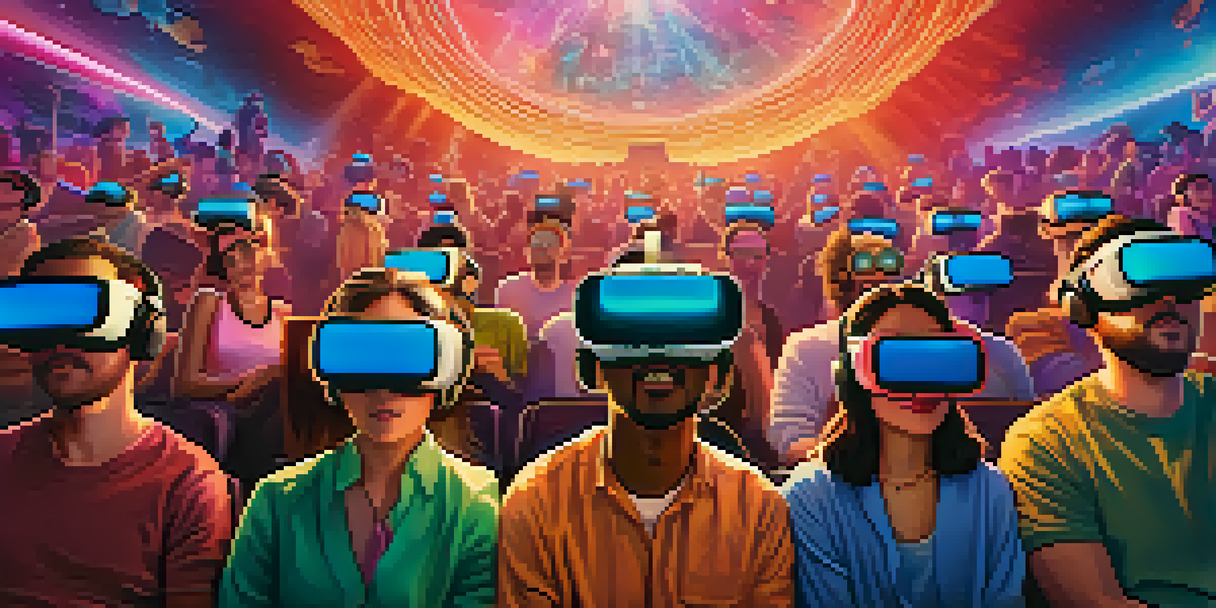 A group of diverse individuals wearing VR headsets, immersed in a colorful virtual world with surreal elements and glowing lights.