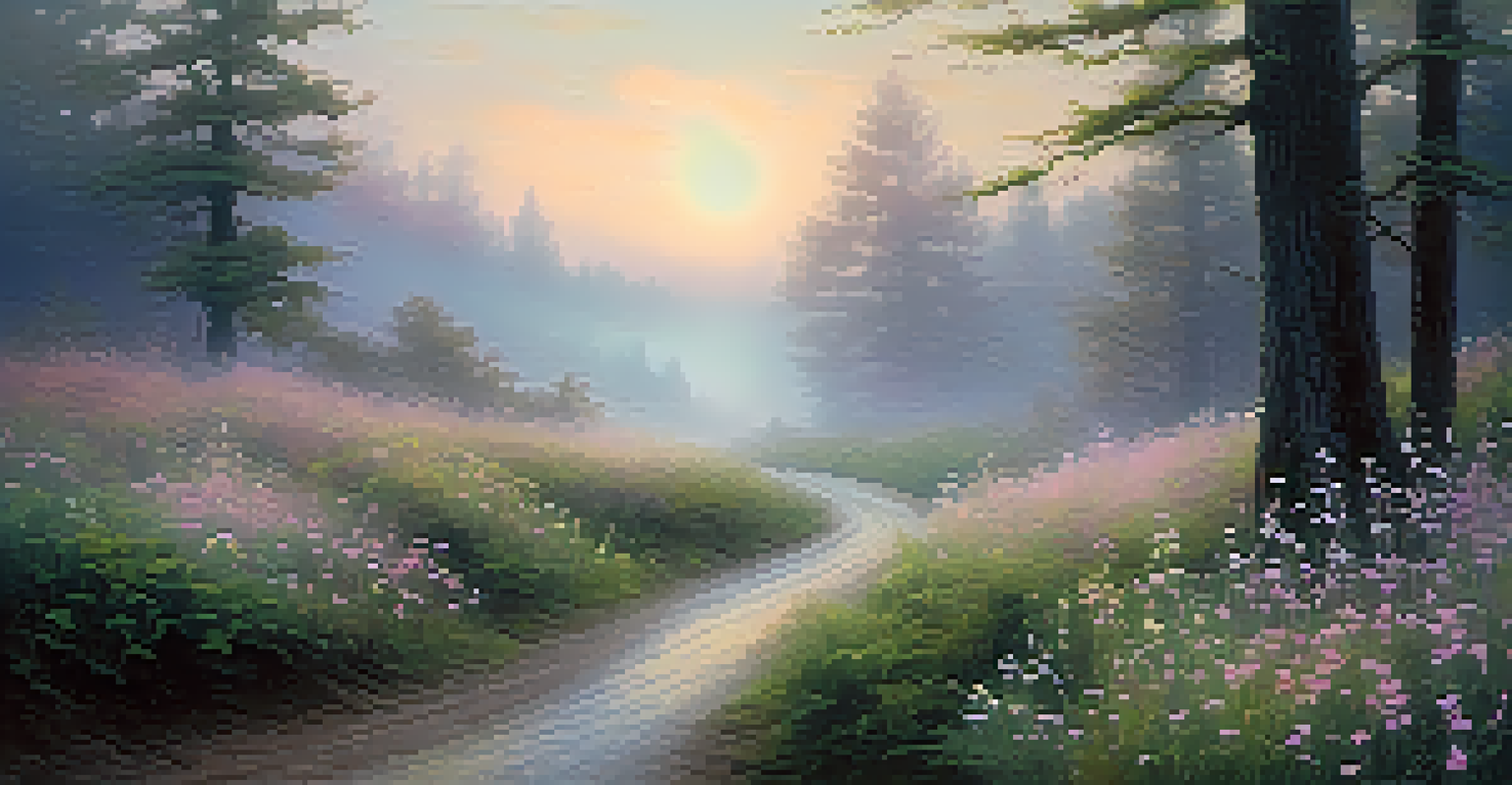 A misty forest at dawn with wildflowers and a winding path leading into the trees.