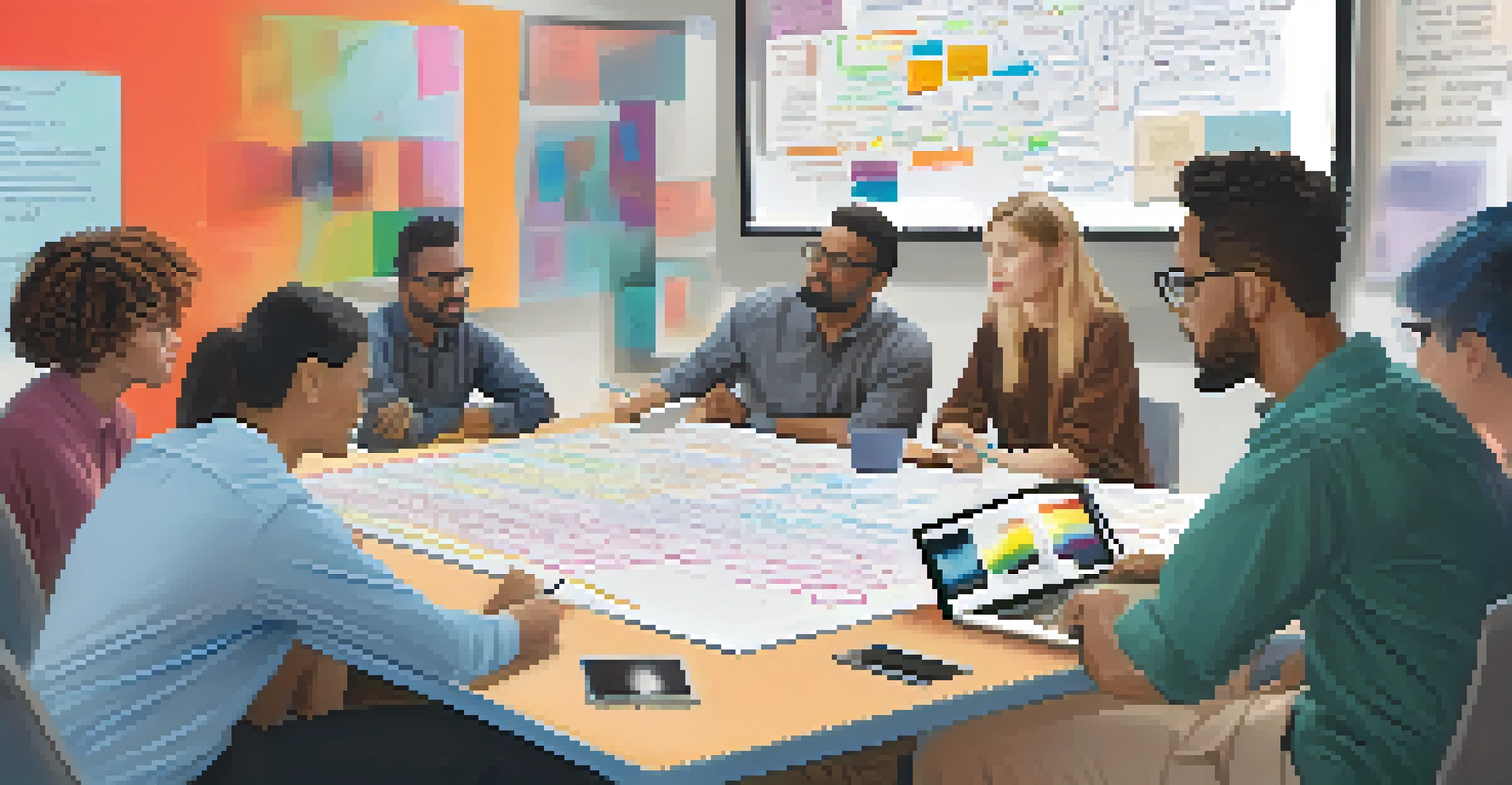 A group of diverse scriptwriters collaborating with AI tools on a digital whiteboard.