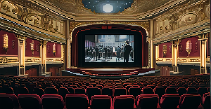 A vintage cinema with an audience watching a black-and-white film, featuring ornate decorations and warm lighting.