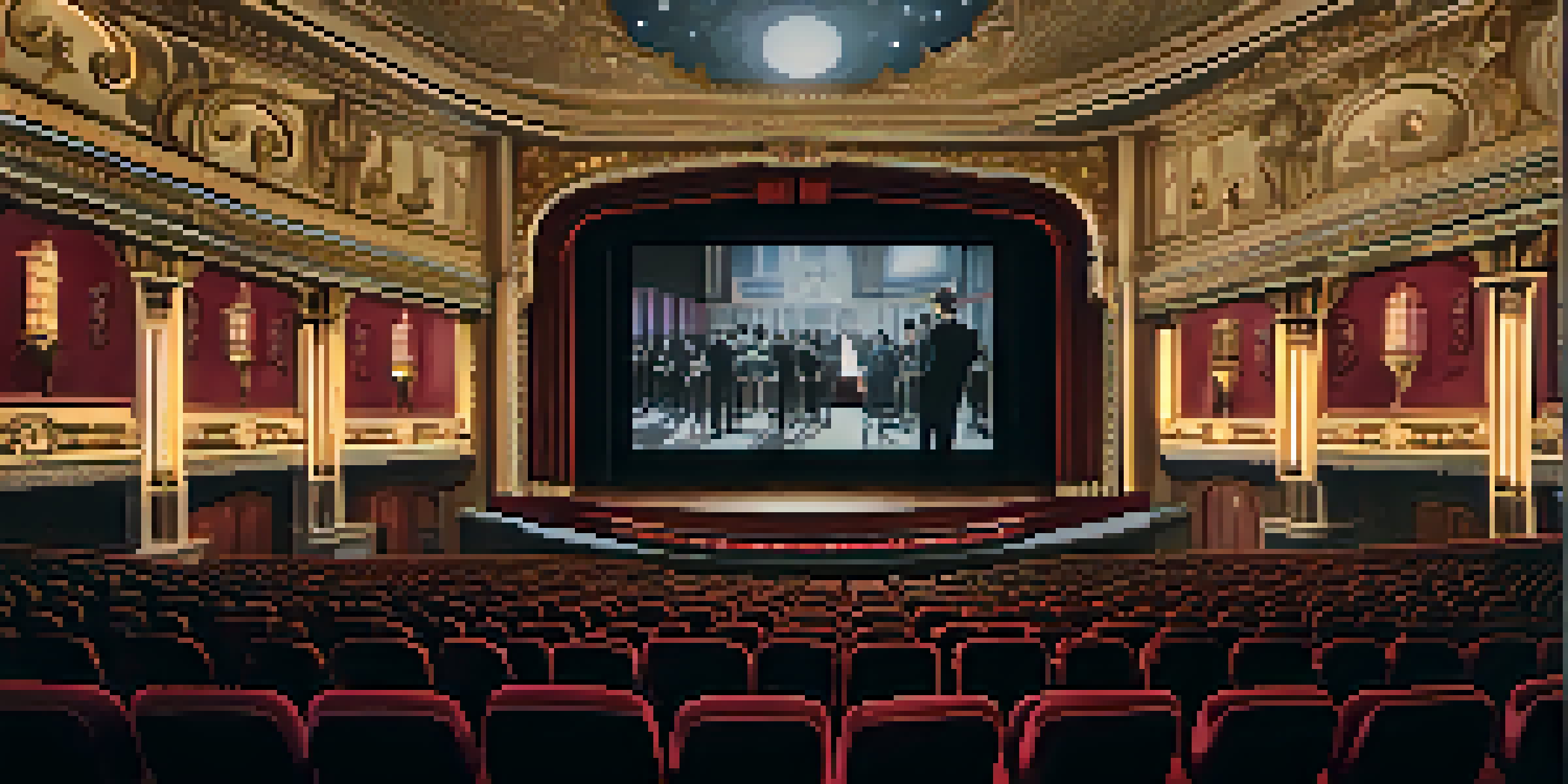 A vintage cinema with an audience watching a black-and-white film, featuring ornate decorations and warm lighting.