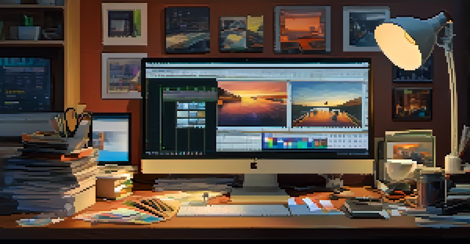 A close-up of a film editor's workspace with a computer screen displaying a video editing timeline, surrounded by editing tools and warm lighting.