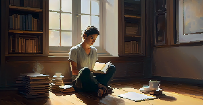 An actor sitting on a wooden floor in a dimly lit rehearsal space, looking thoughtful with a journal and acting books around, illuminated by soft golden light.