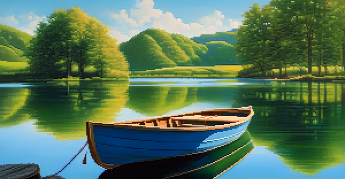 A peaceful lake scene with green hills and a wooden boat, reflecting the vibrant colors of nature.