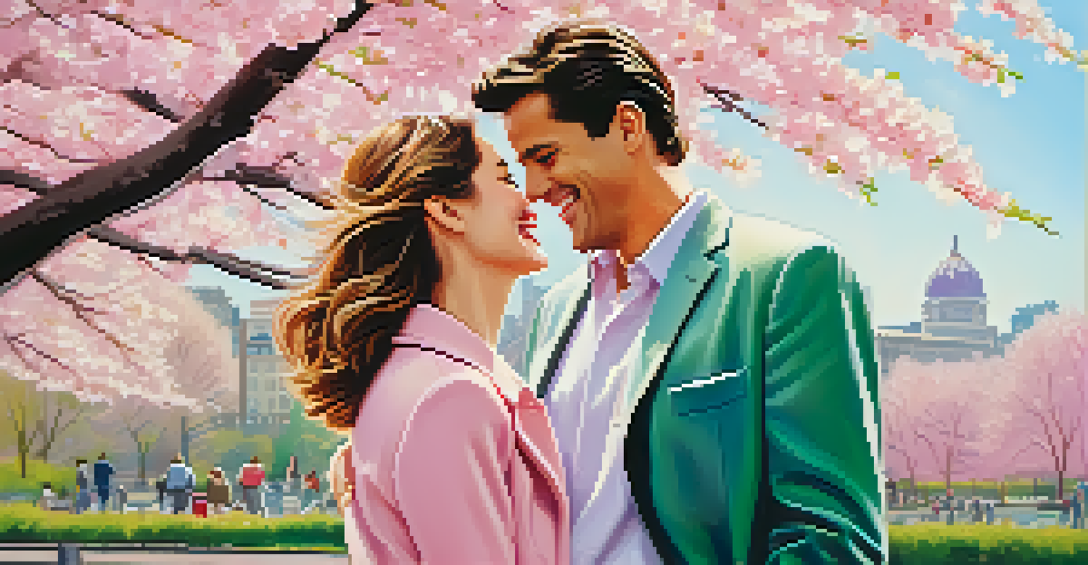 A movie poster of a couple laughing in a springtime park with cherry blossoms, featuring a pastel color palette and elegant title at the top.