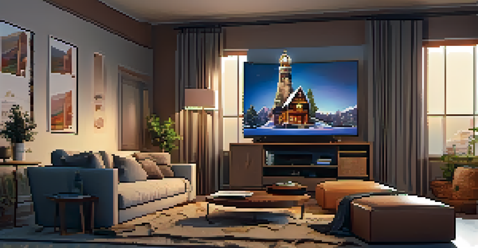 A warm and inviting living room featuring a couch, a flat-screen TV, and a coffee table with popcorn, illuminated by soft lighting.