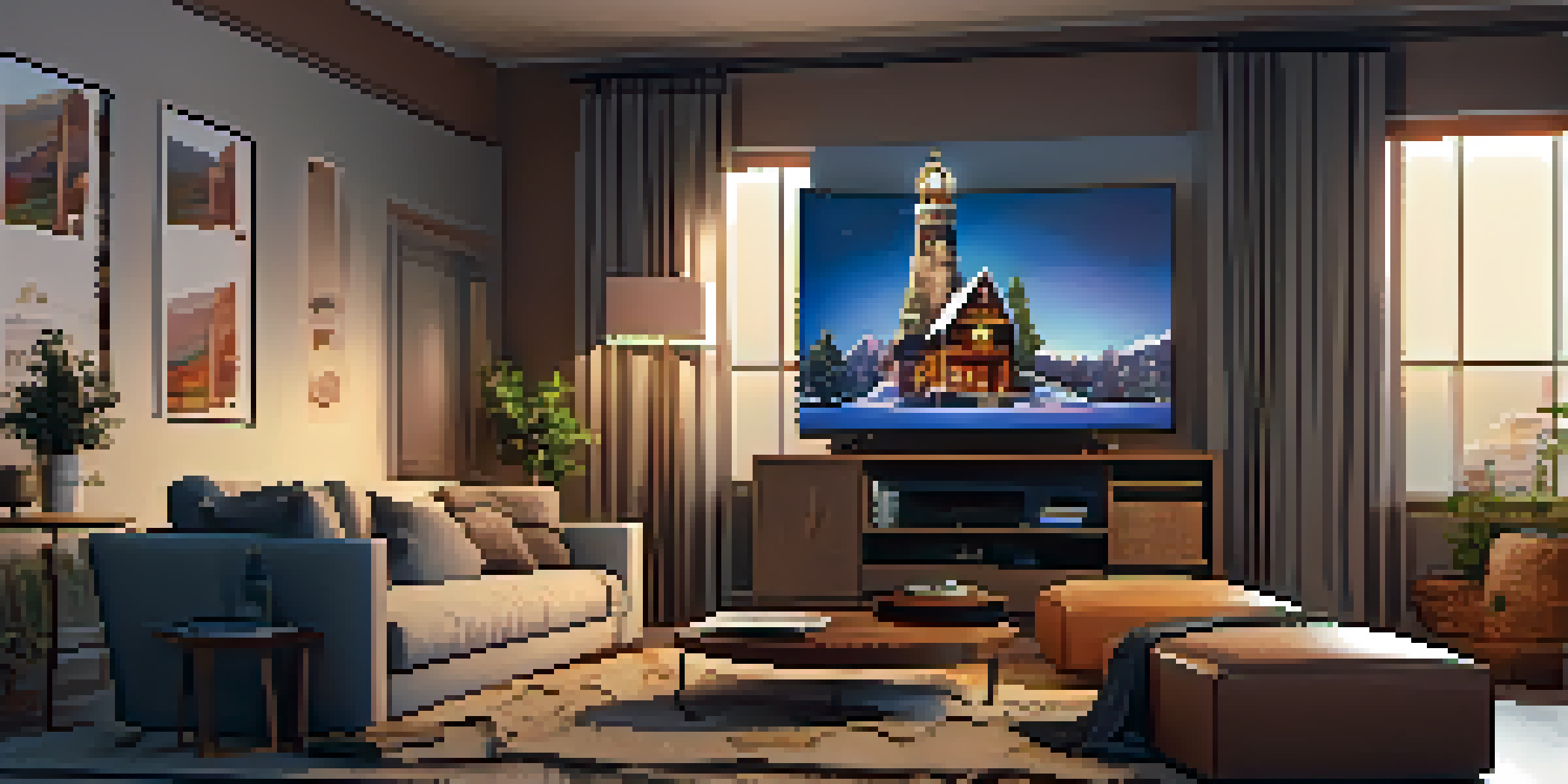 A warm and inviting living room featuring a couch, a flat-screen TV, and a coffee table with popcorn, illuminated by soft lighting.