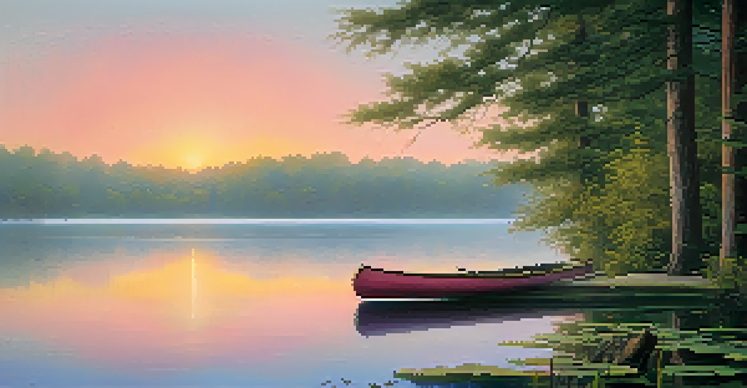 A serene lakeside scene at sunrise with mist, a wooden dock, lush greenery, and a canoe on the shore.