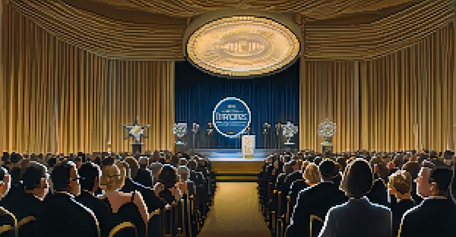 An elegant award ceremony with a director giving an acceptance speech on stage, surrounded by an attentive audience.