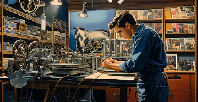 A technician carefully restoring an old film reel in a warmly lit vintage workshop, surrounded by film posters and restoration tools.